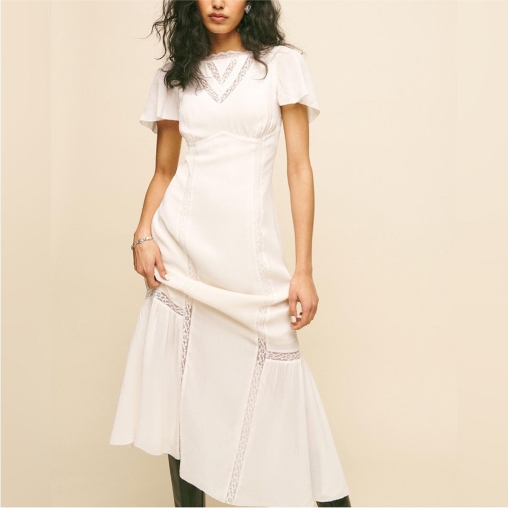 Reformation Cream Midi Dress with Lace Accents
